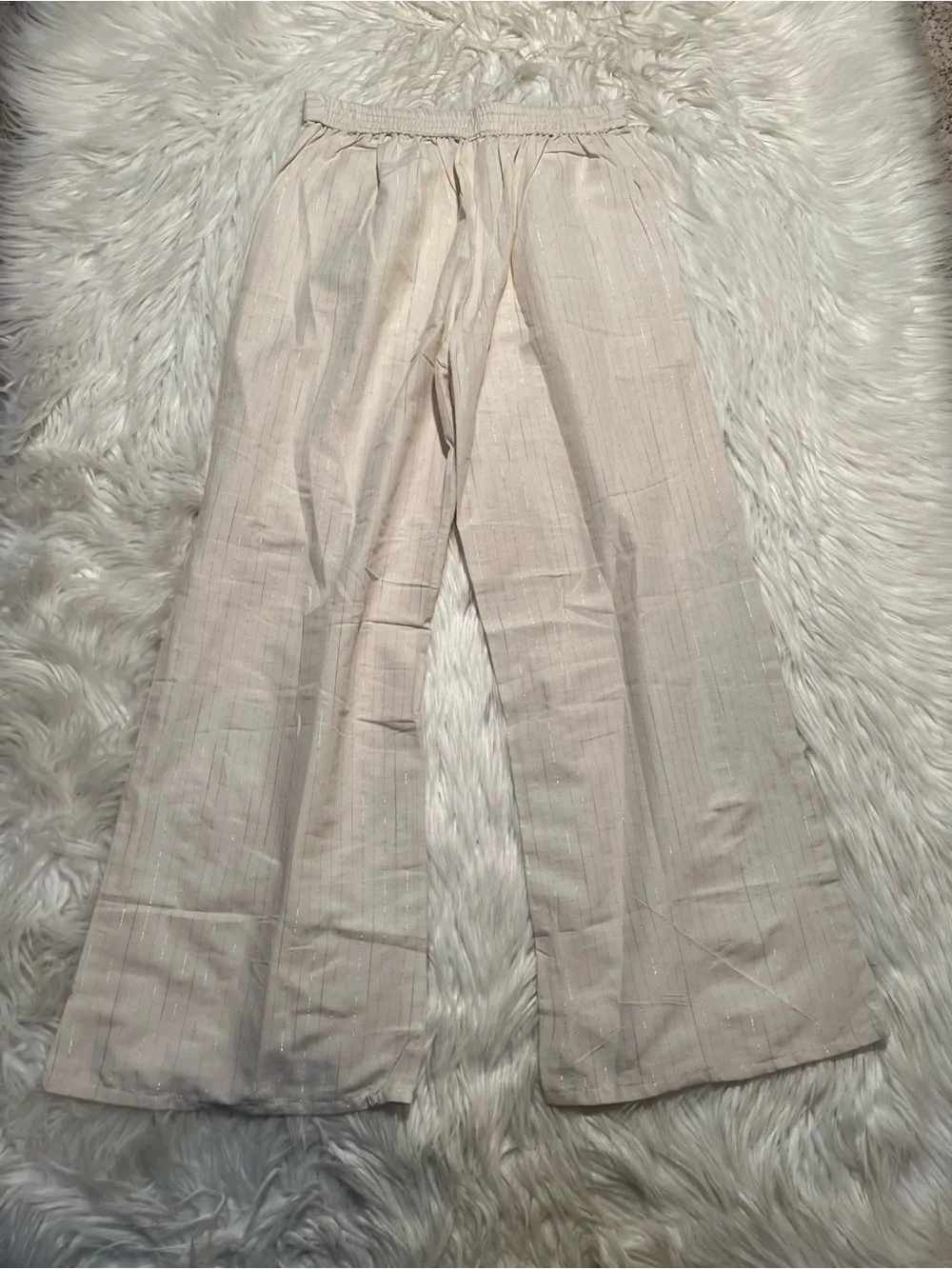 Women's Size 34 Pull On Pant Cream Metallic Silver Pinstripe Linen Semi-Sheer